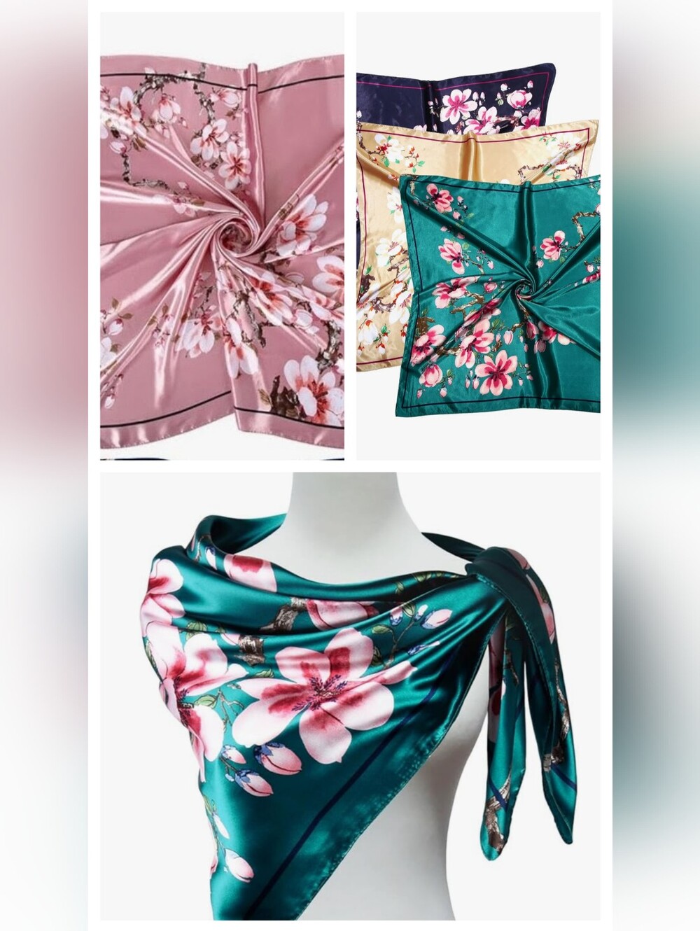 4pc Square Satin Floral Scarf 35" Head Wrap Hijab Fashion Neck Tan Green Blue